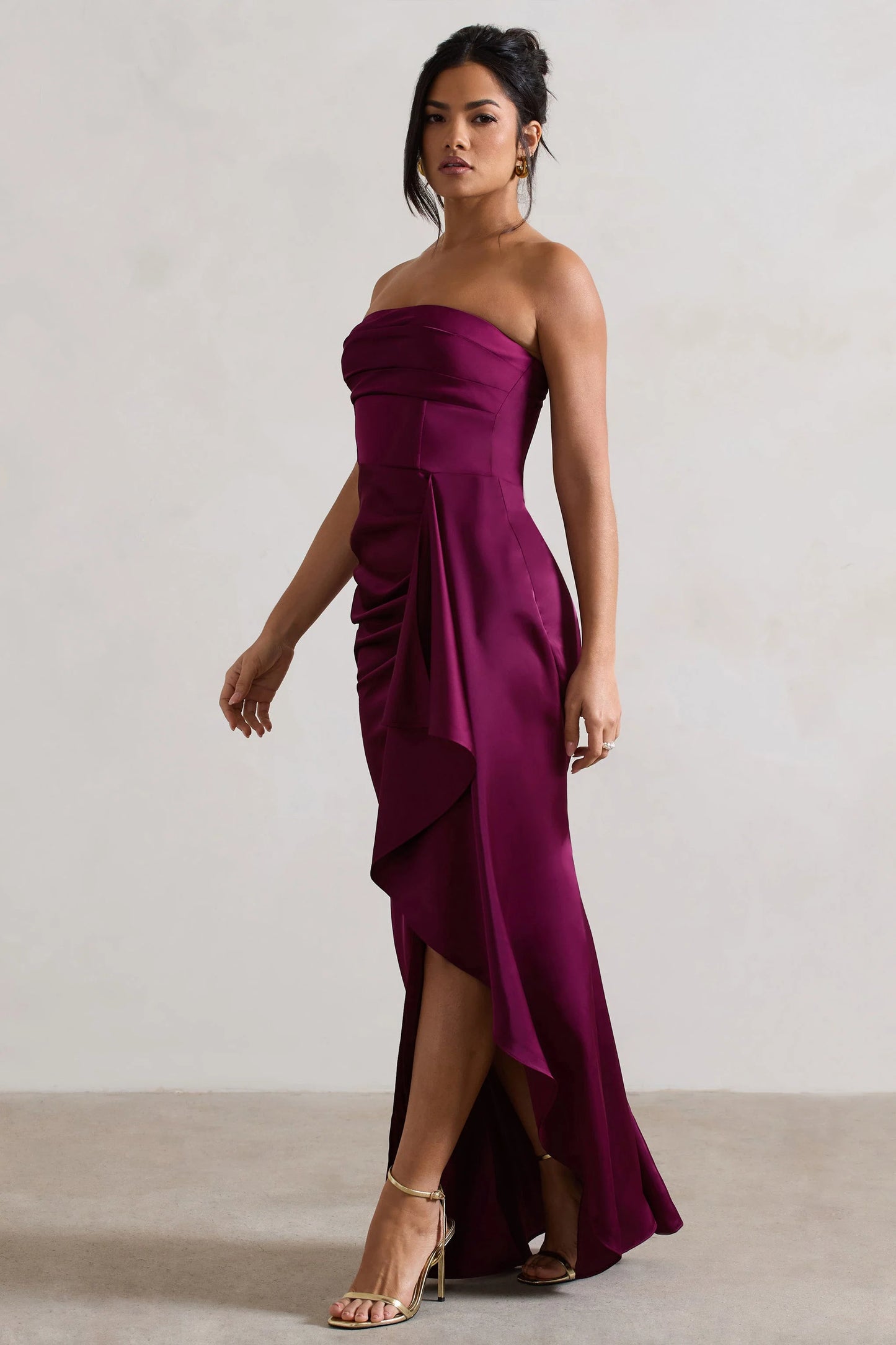 Ace | Plum Satin Bandeau Split Maxi Dress With Ruffle Drape