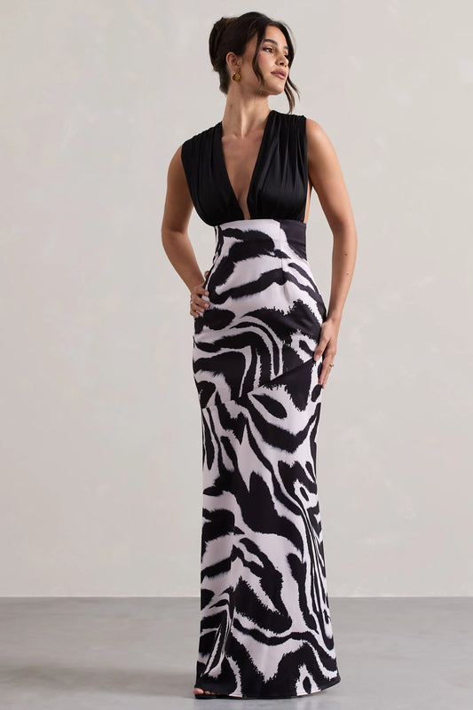 Azzara | Zebra Print Satin Ruched V-Neck Maxi Dress