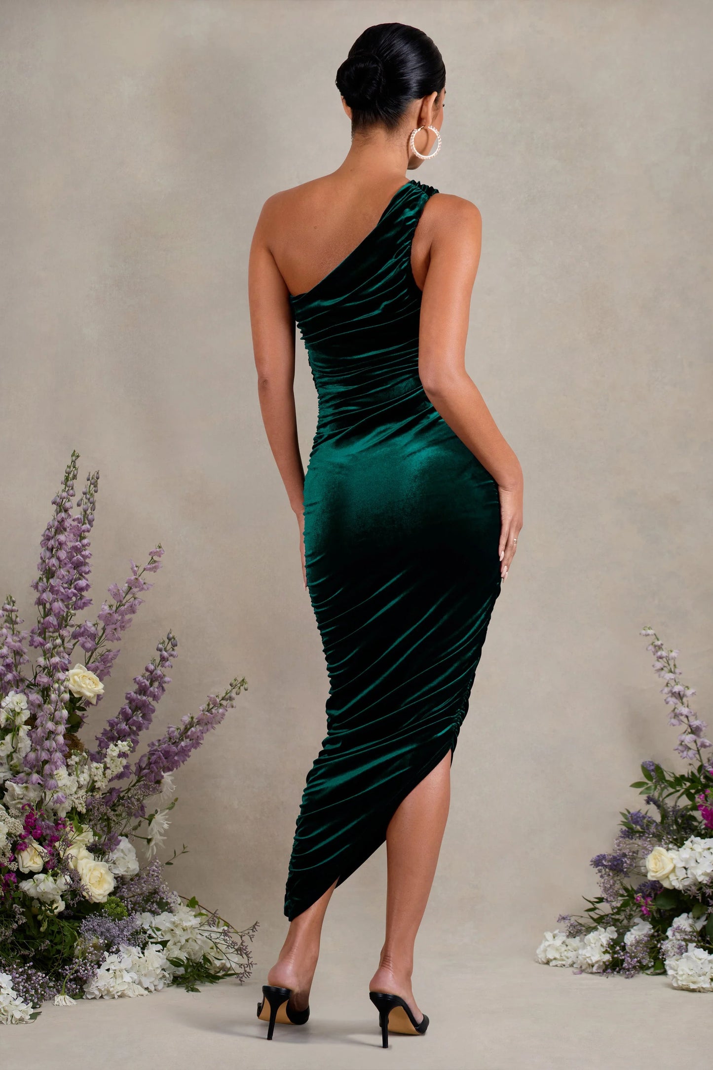 Late Night | Bottle Green Velvet Maternity Ruched One Shoulder Midi Dress