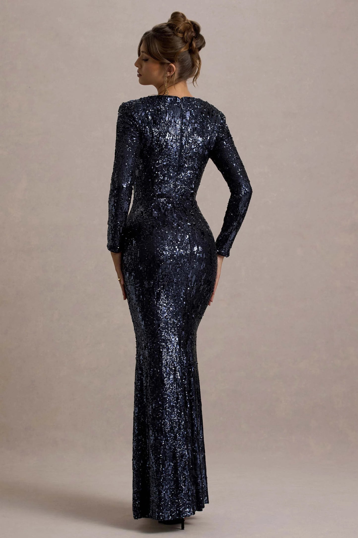 Ensley | Navy Sequin Sweetheart Long-Sleeve Maxi Dress