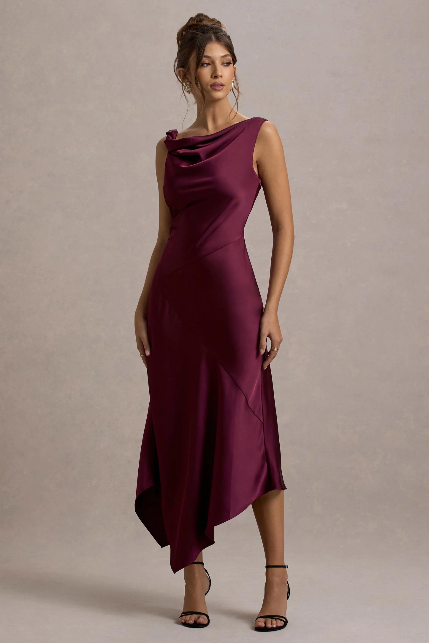 Donelli | Plum Satin Asymmetric Midi Dress