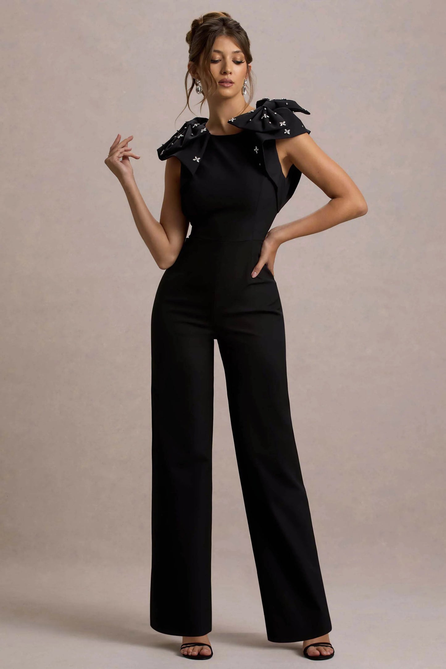 Elma | Black Straight-Leg Jumpsuit With Embellished Bows