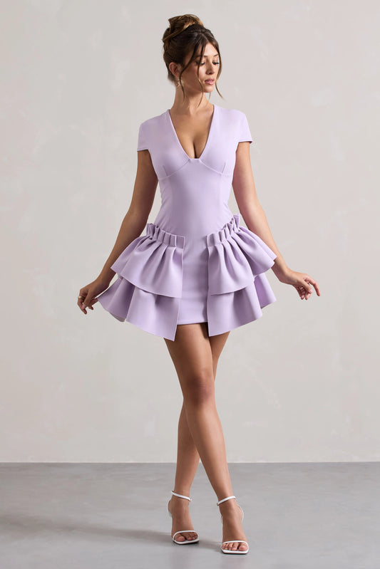 Genevieve | Lilac Plunge-Neck Mini Dress With Layered Hem