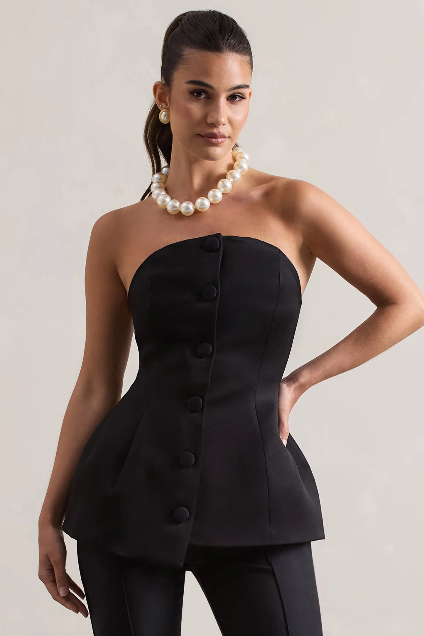 Century | Black Satin Strapless Button Front Corset Top