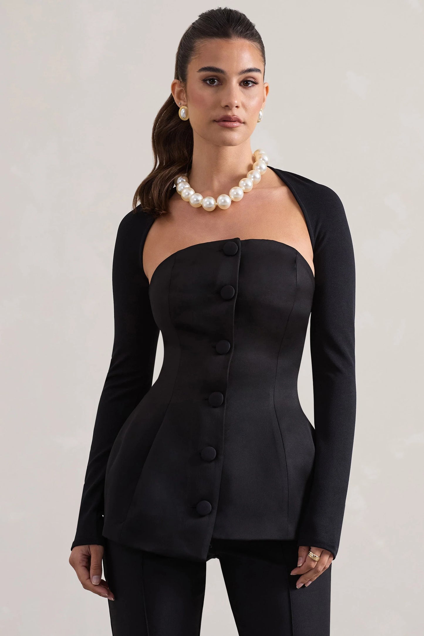 Century | Black Satin Strapless Button Front Corset Top