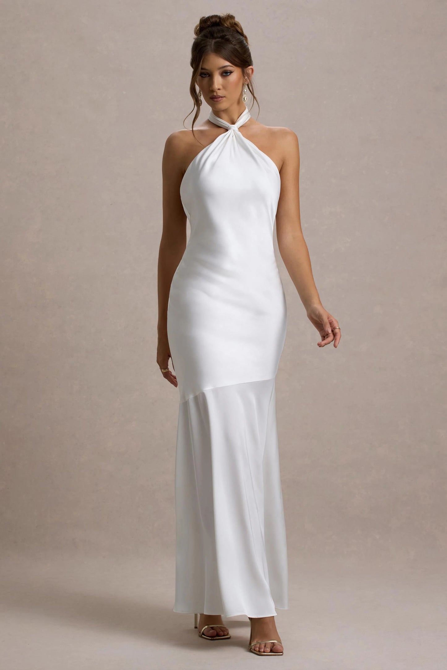 Knox | White Satin Knot Halter-Neck Maxi Dress