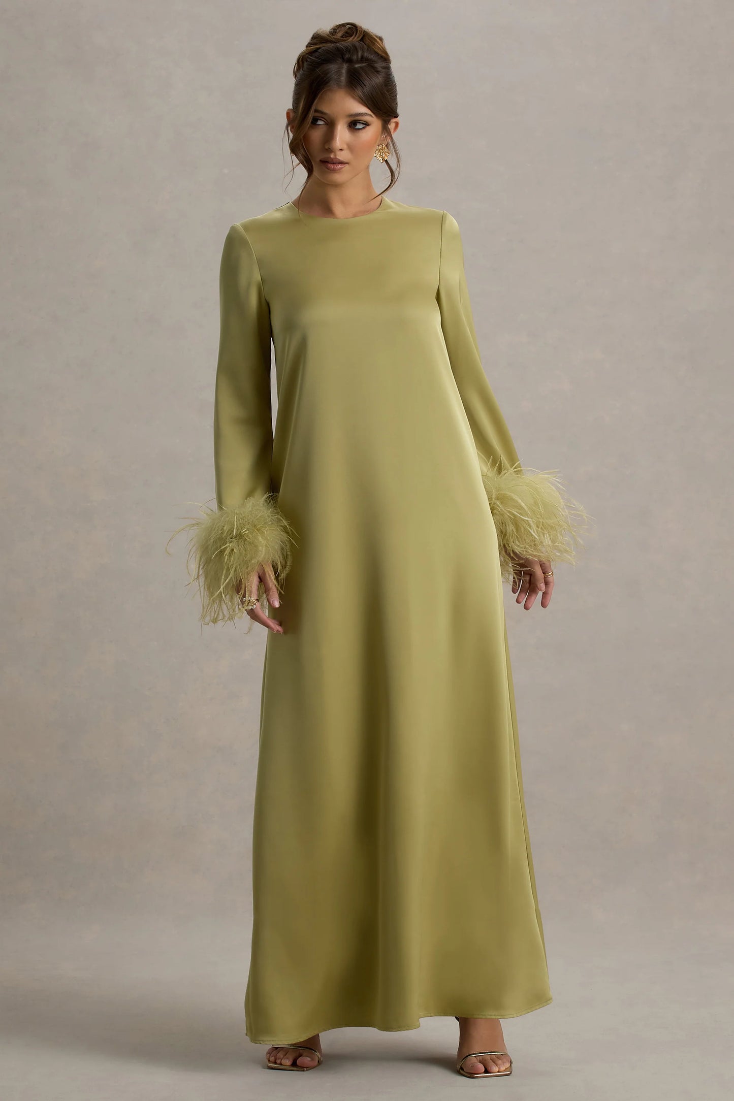 Adella | Light Green Satin Feather-Trim Maxi Dress