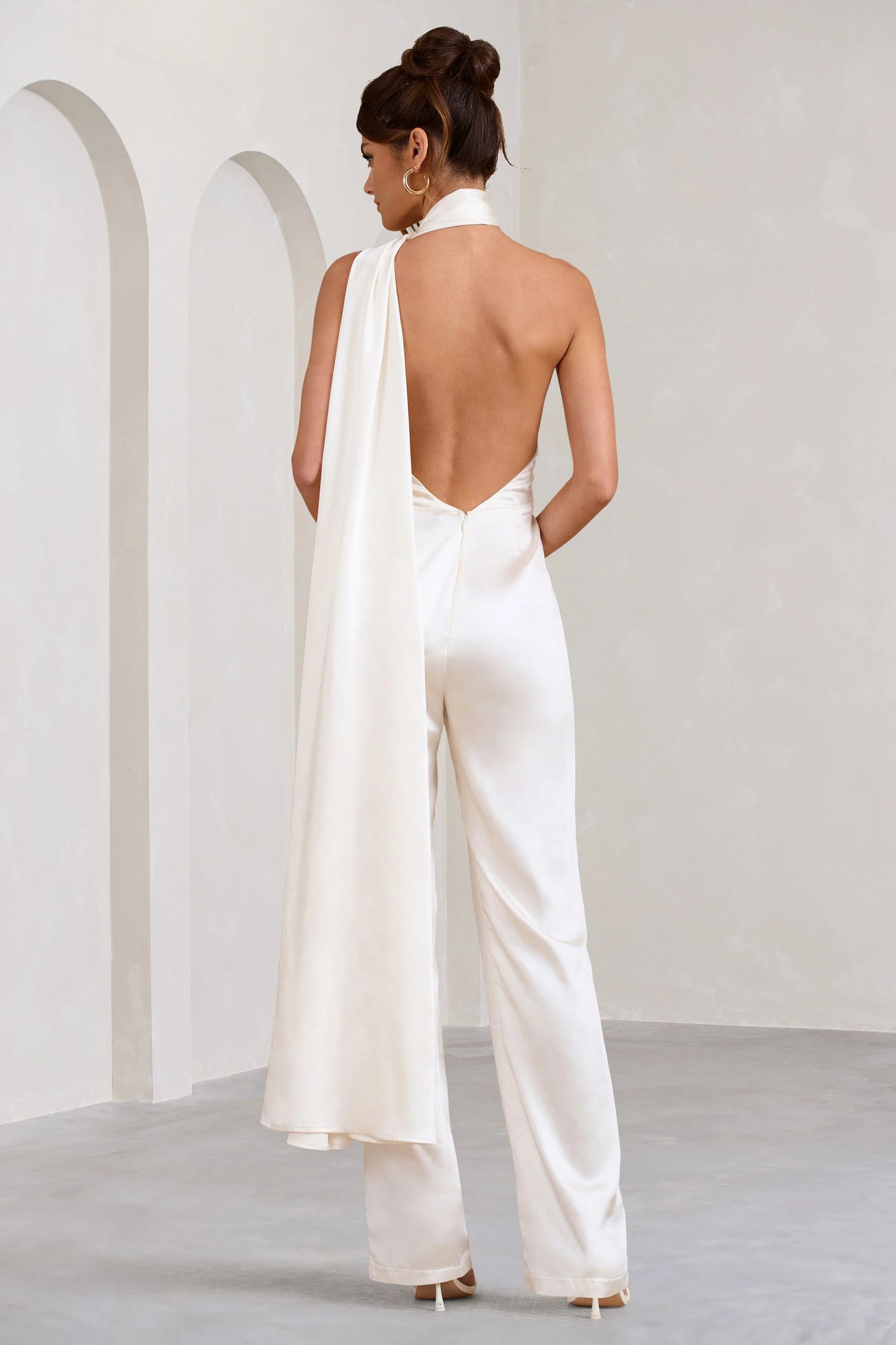 Cascada | Cream Satin Halter Jumpsuit With Draped Scarf