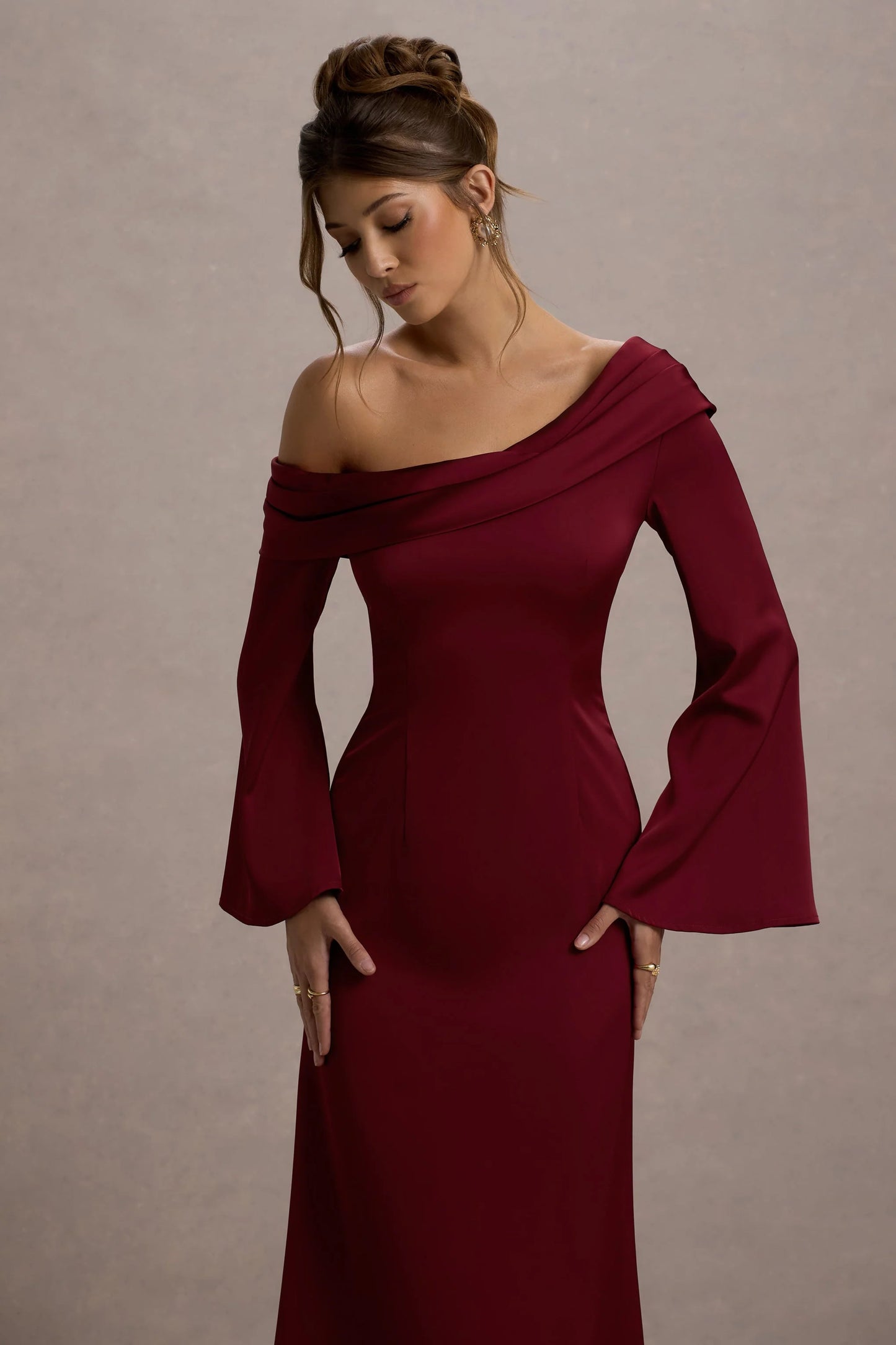 Astral | Port Satin Asymmetric Flared-Sleeve Midi Dress