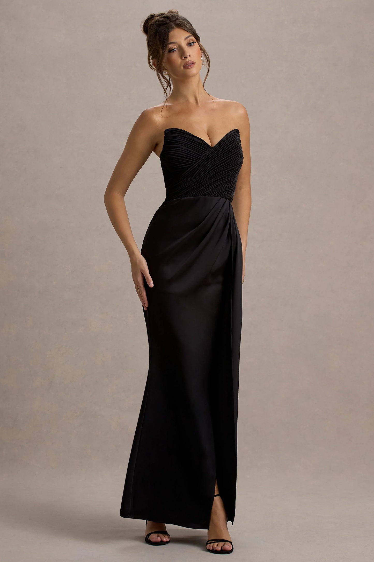 Edel | Black Satin Strapless Maxi Dress With Drape