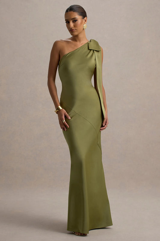 Here For Love | Khaki Satin Asymmetric Maxi Dress With Bow