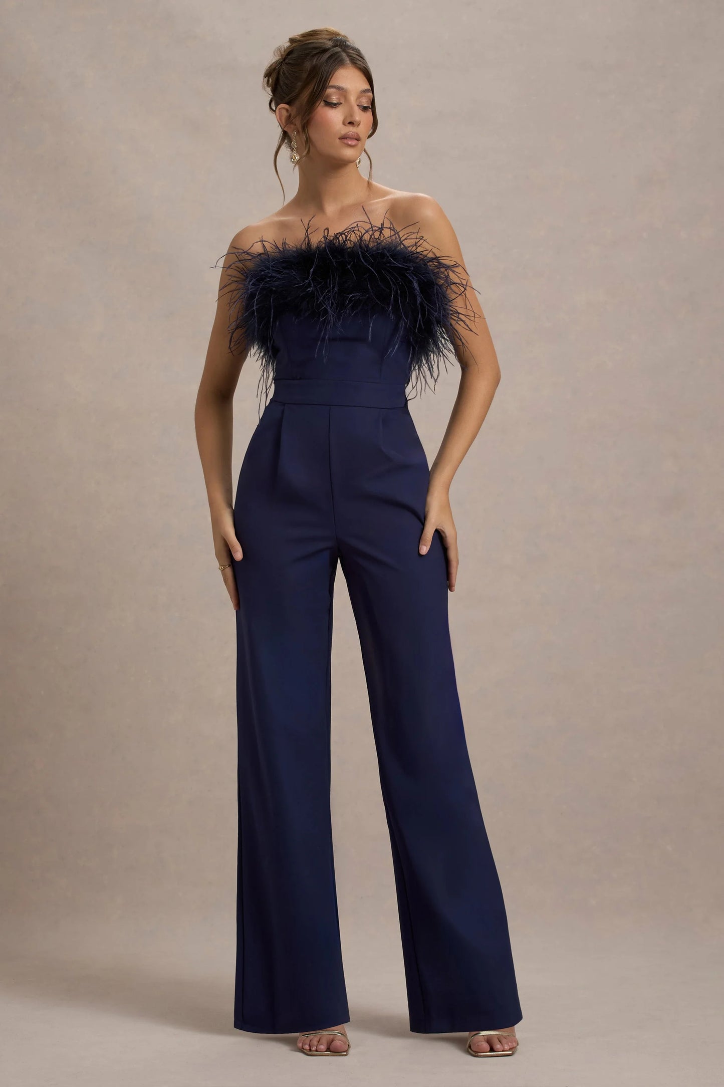 First Class | Navy Bandeau Feather Wide Leg Jumpsuit