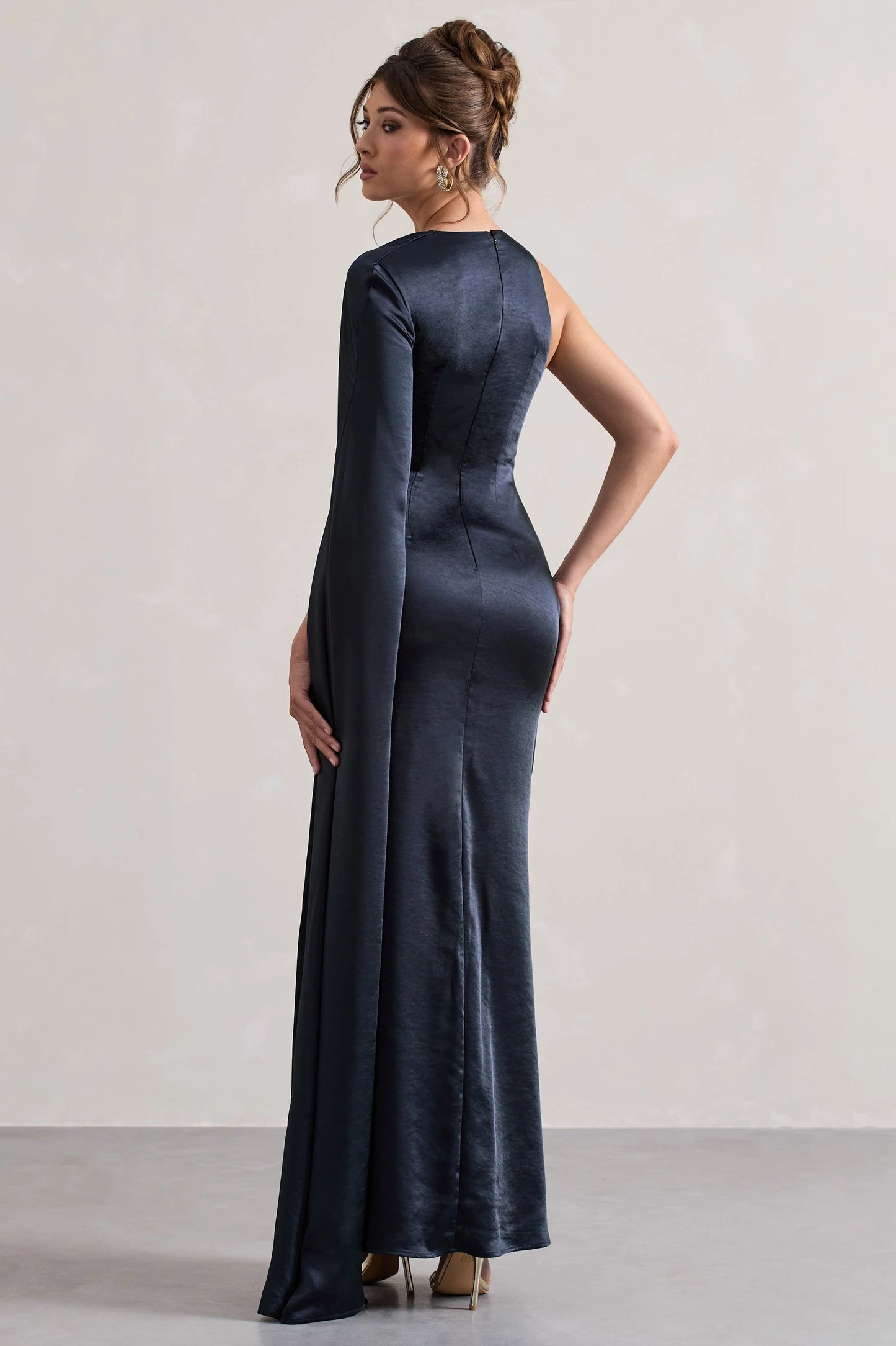 Gala | Navy Satin One-Shoulder Cape Sleeve Split Maxi Dress