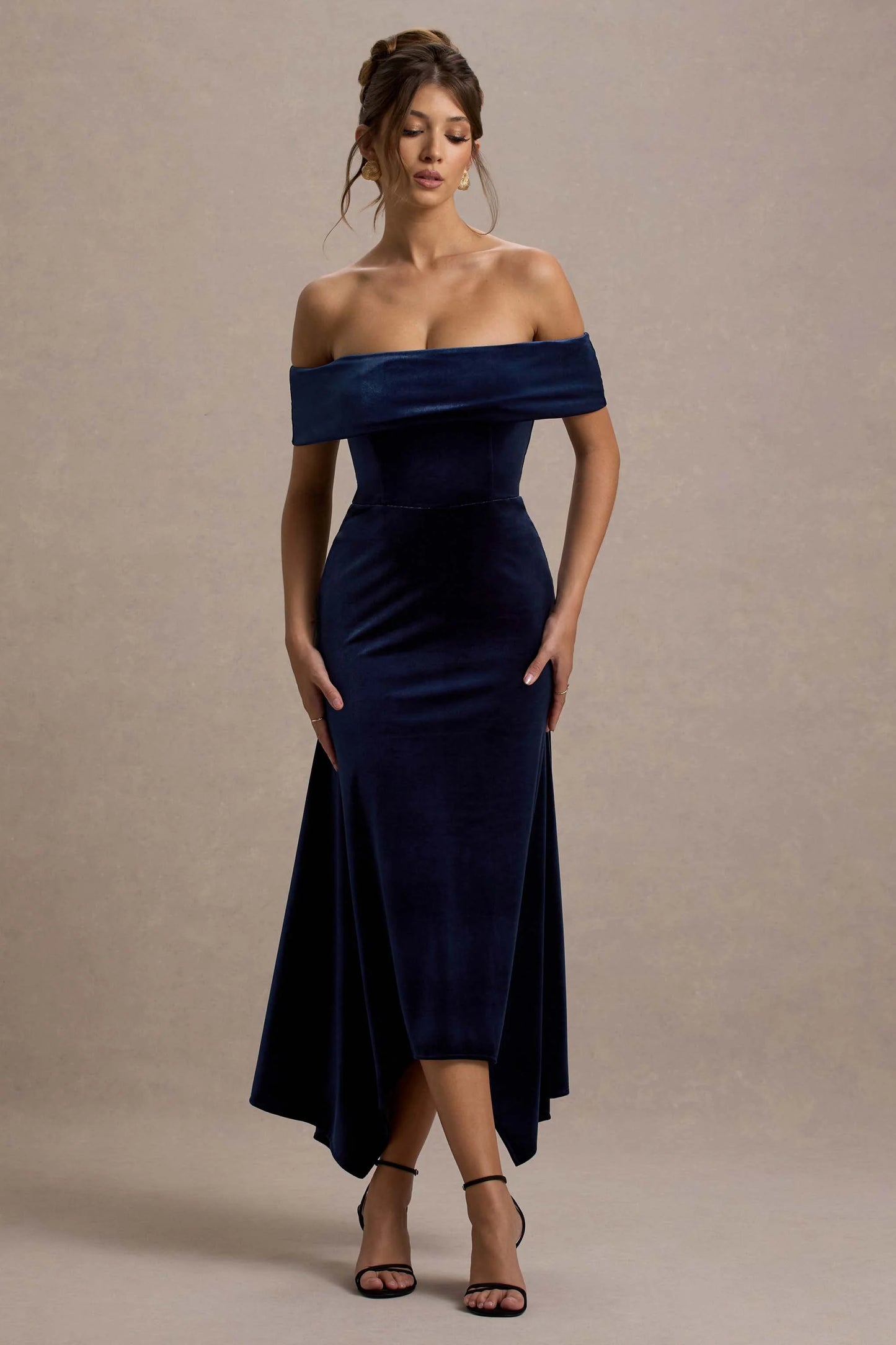 Halia | Navy Velvet Bardot Midi Dress