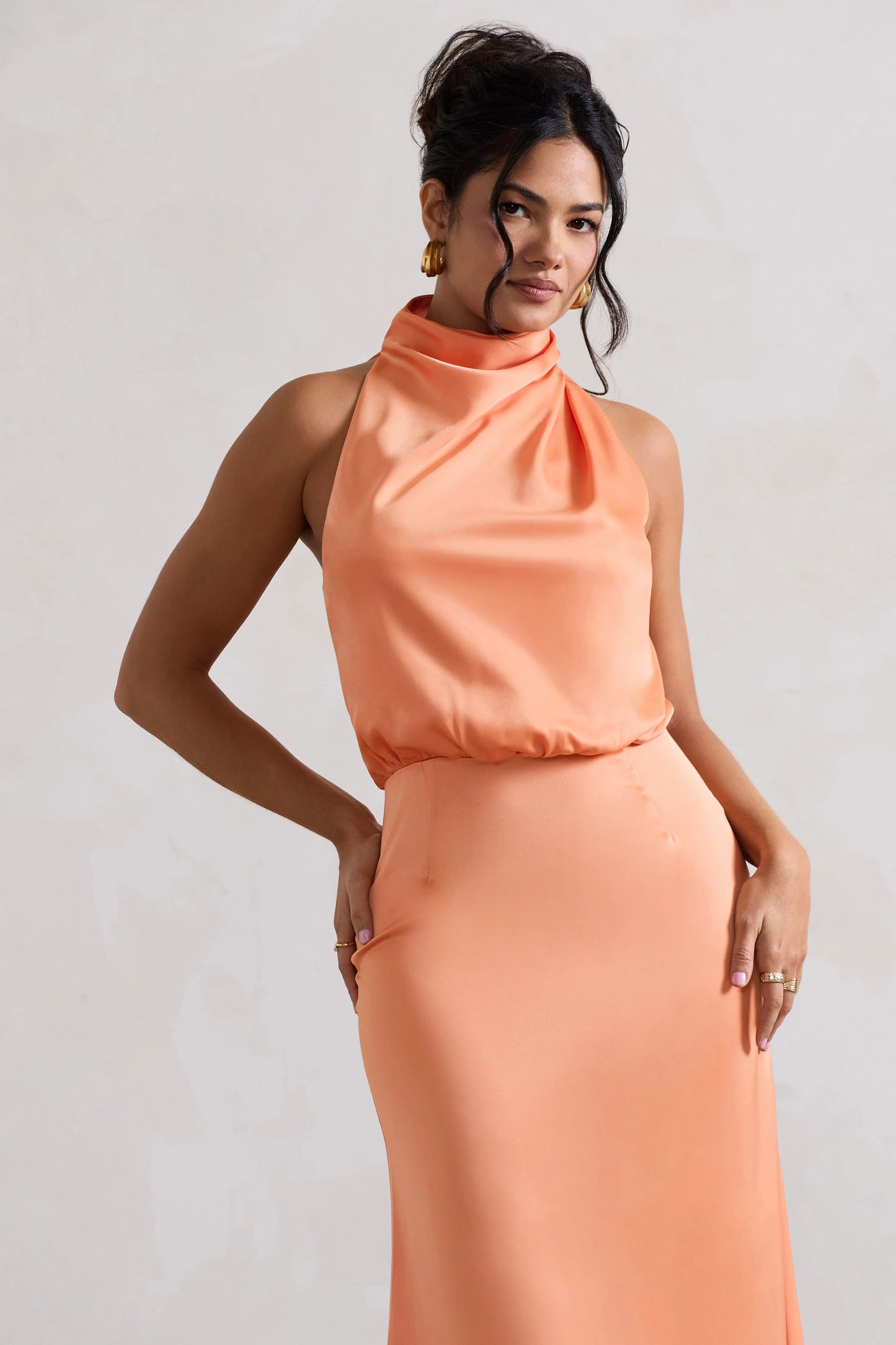 Geena | Peach Satin Twisted High-Neck Midi Dress