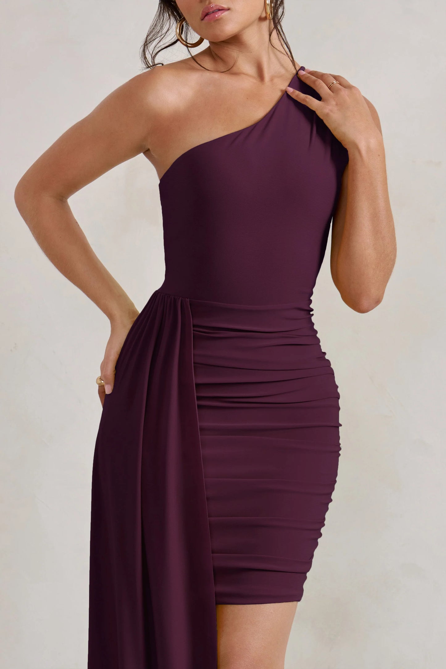 Charlie | Plum One Shoulder Ruched Mini Dress With Statement Drape