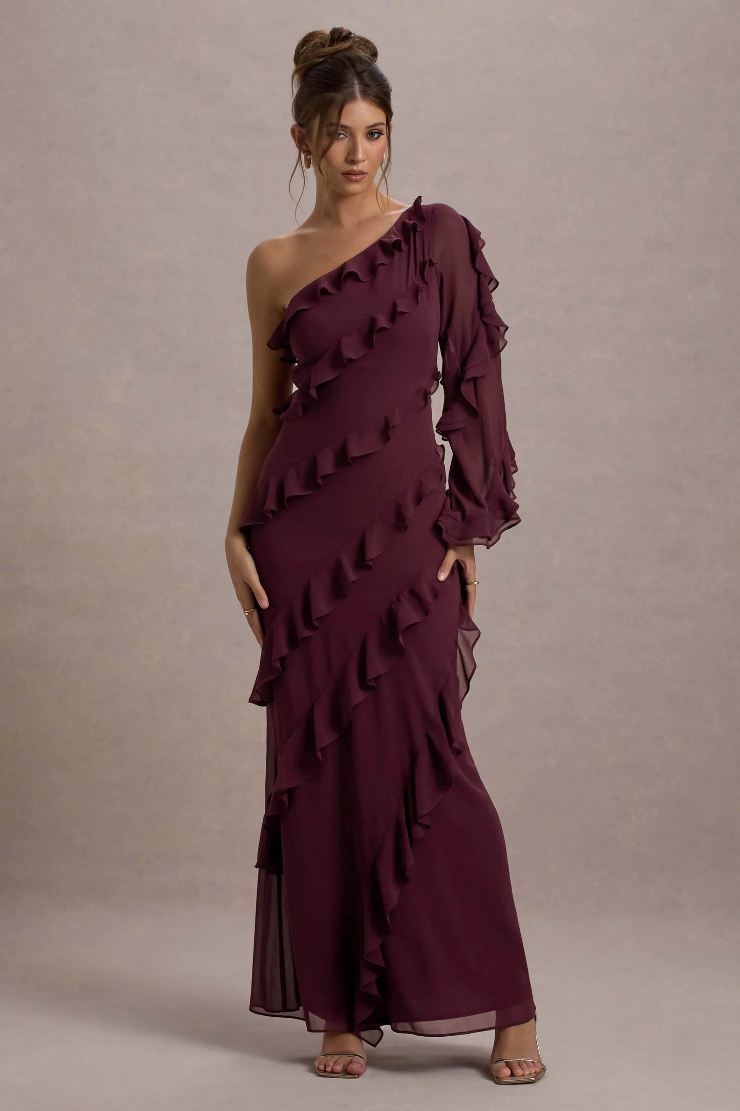 Lalika | Burgundy Asymmetric One-Sleeve Ruffle Maxi Dress