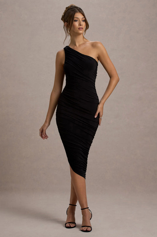 Dorit | Black One Shoulder Asymmetric Ruched Midi Dress