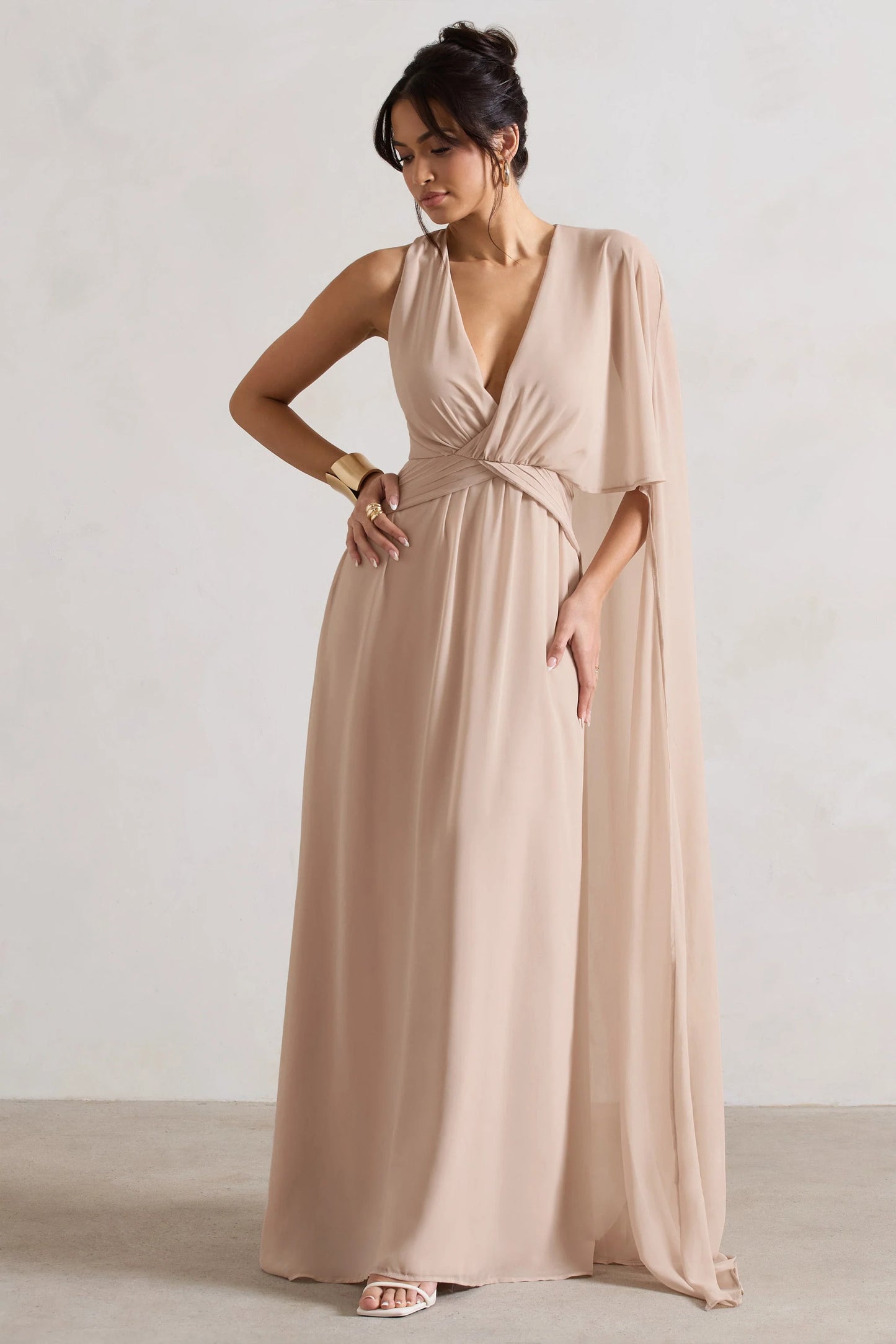 Fairytale | Champagne Plunge-Neck Chiffon Maxi Dress With Cape Sleeve