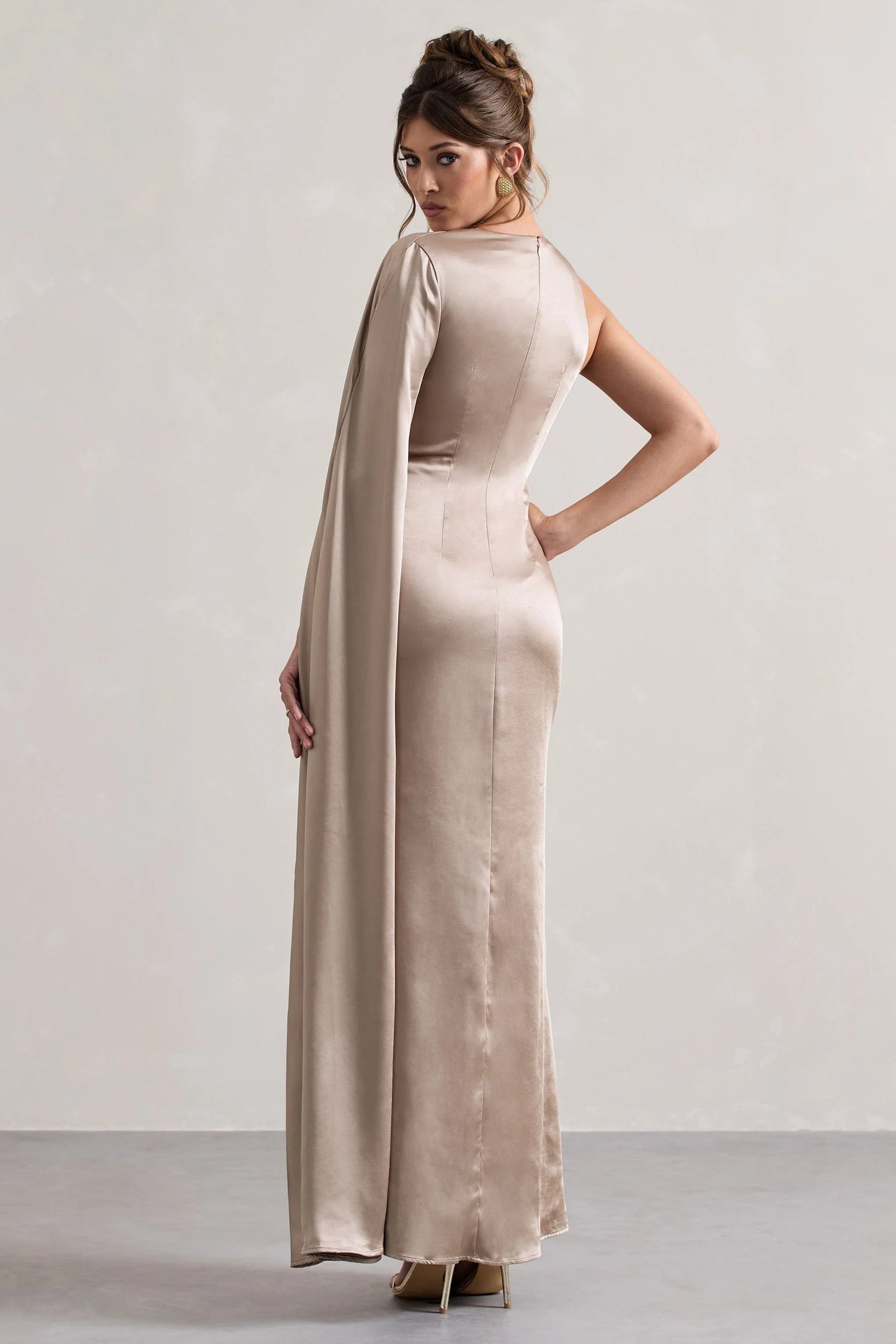 Gala | Taupe Satin One-Shoulder Cape Sleeve Split Maxi Dress