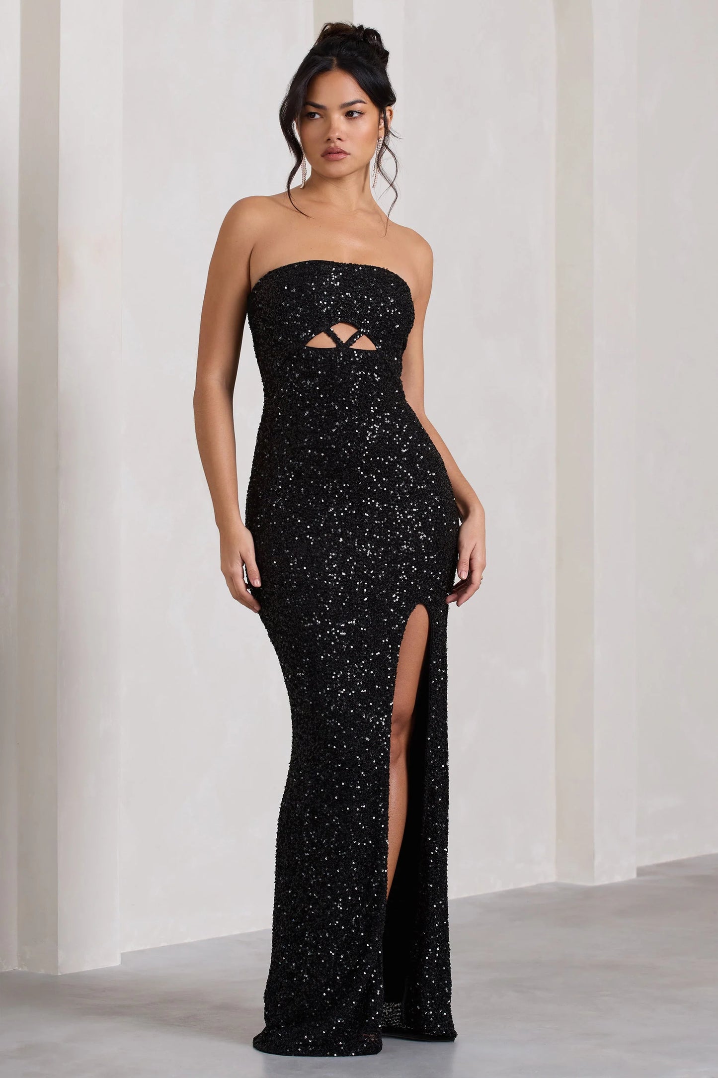 Illuminate | Black Sequin Bandeau Cut Out Split Maxi Dress