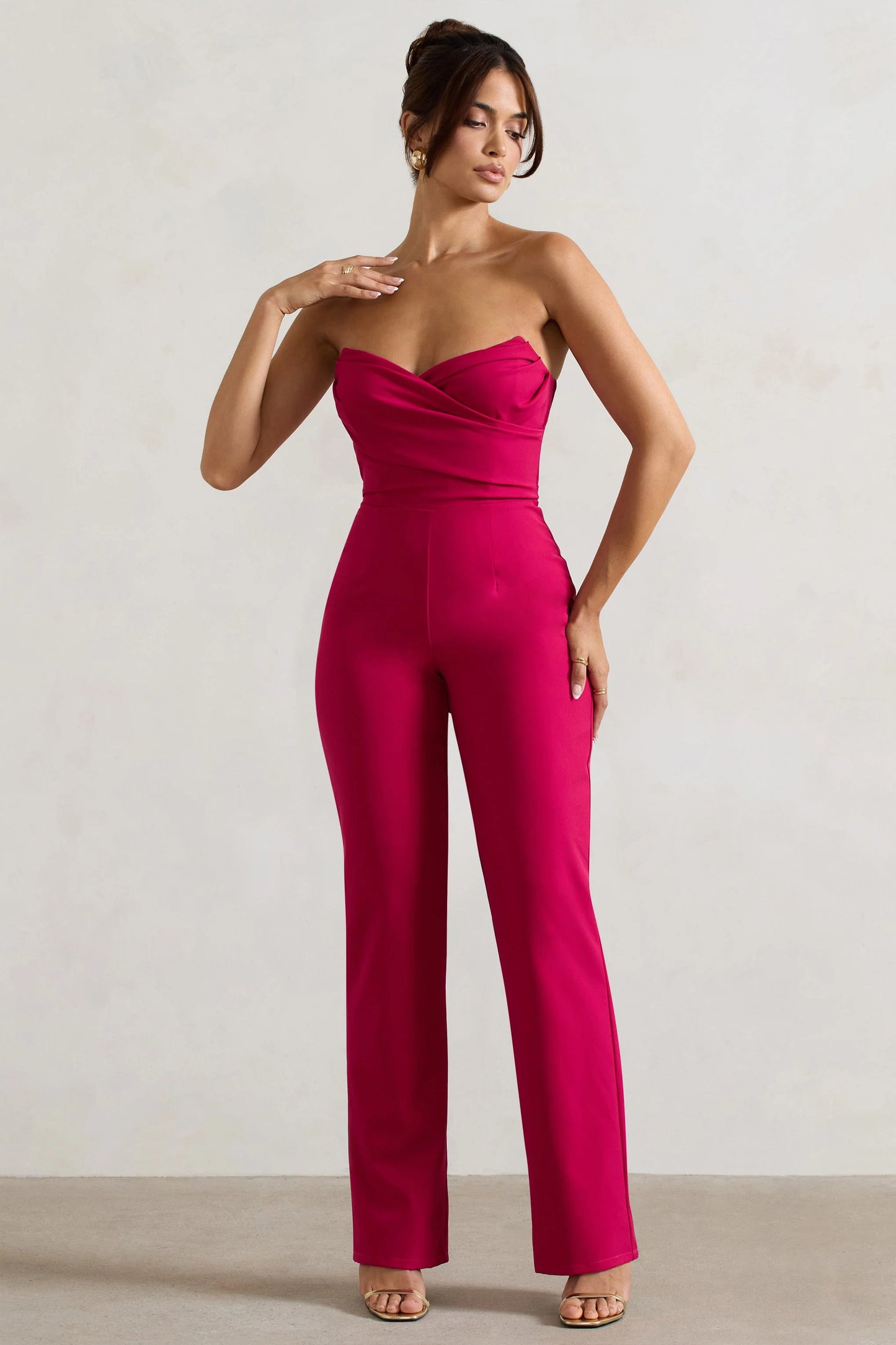 Bellezza | Hot Pink Bandeau Corset Wide Leg Jumpsuit