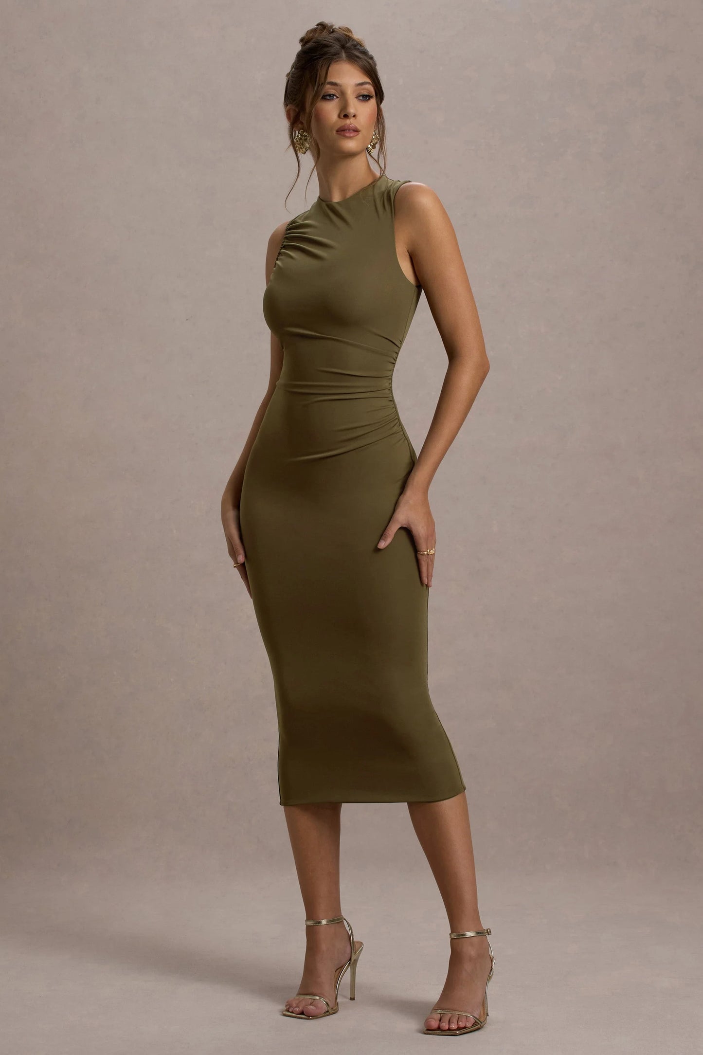 Jemma | Khaki Bodycon Ruched Midi Dress