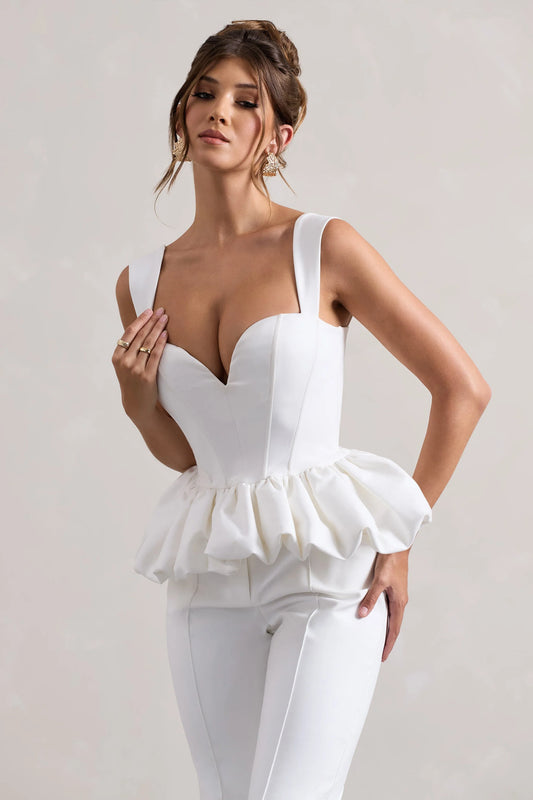 Jadia | White Sweetheart Corset Top With Puff Hem