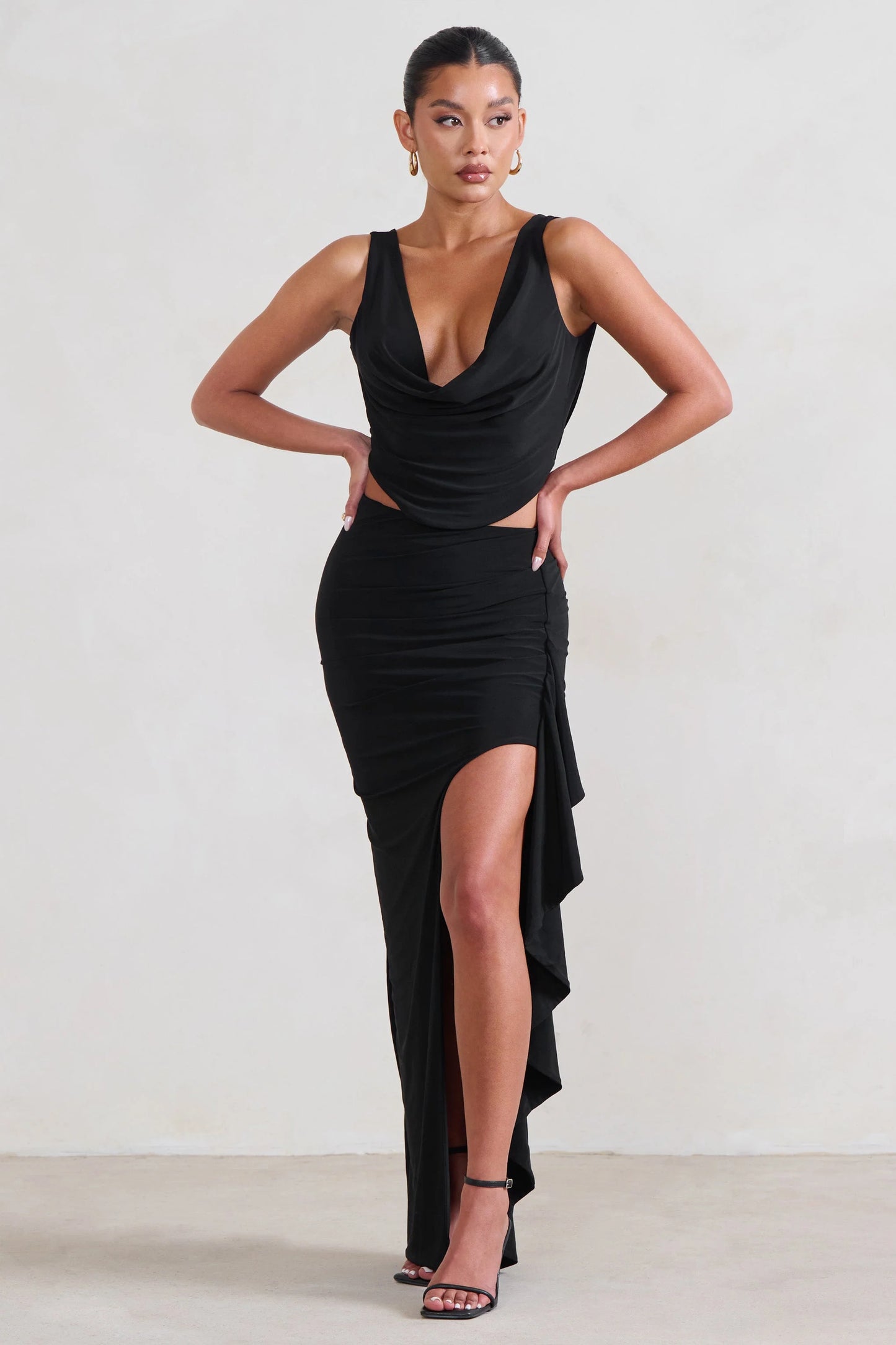 La Belle | Black Ruffle Maxi Skirt With Thigh Split