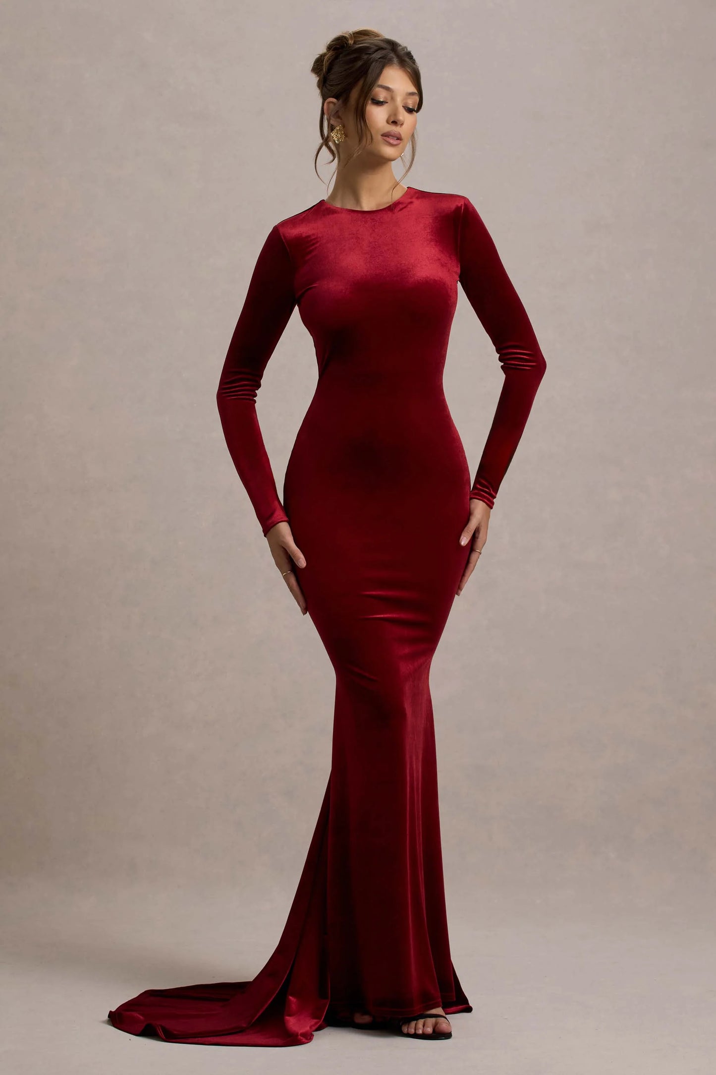 Keaton | Berry Velvet Long-Sleeve Open-Back Maxi Dress