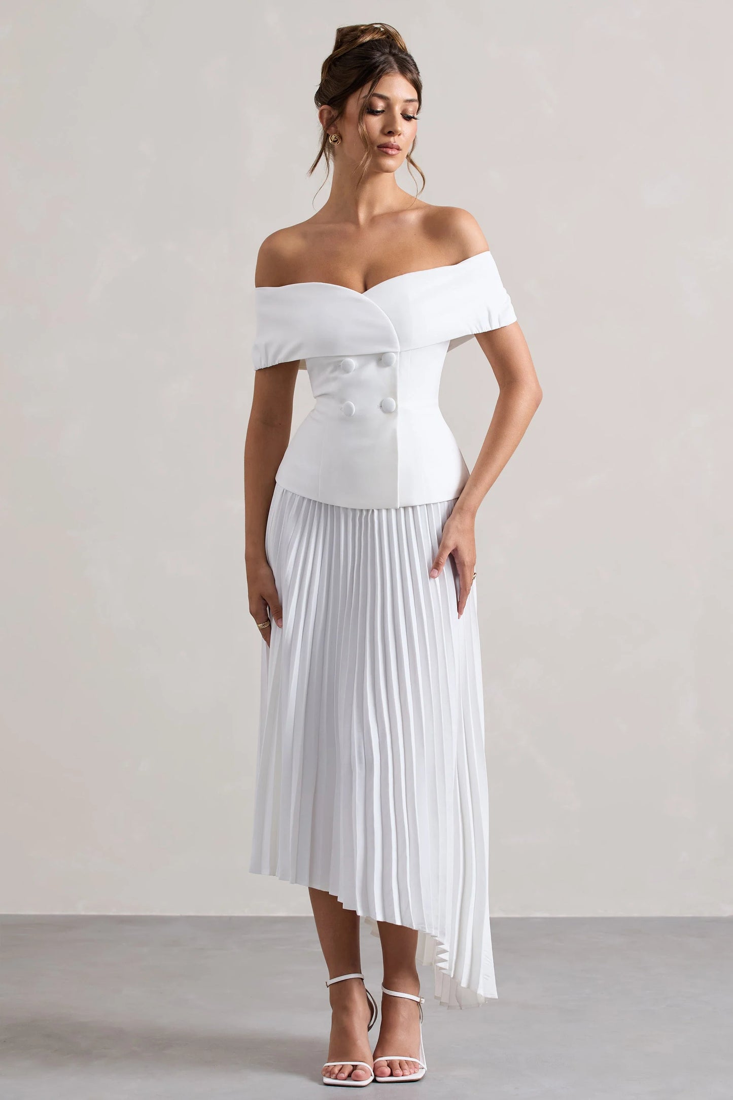 Hattie | White Bardot Tailored Midi Dress With Plisse Skirt