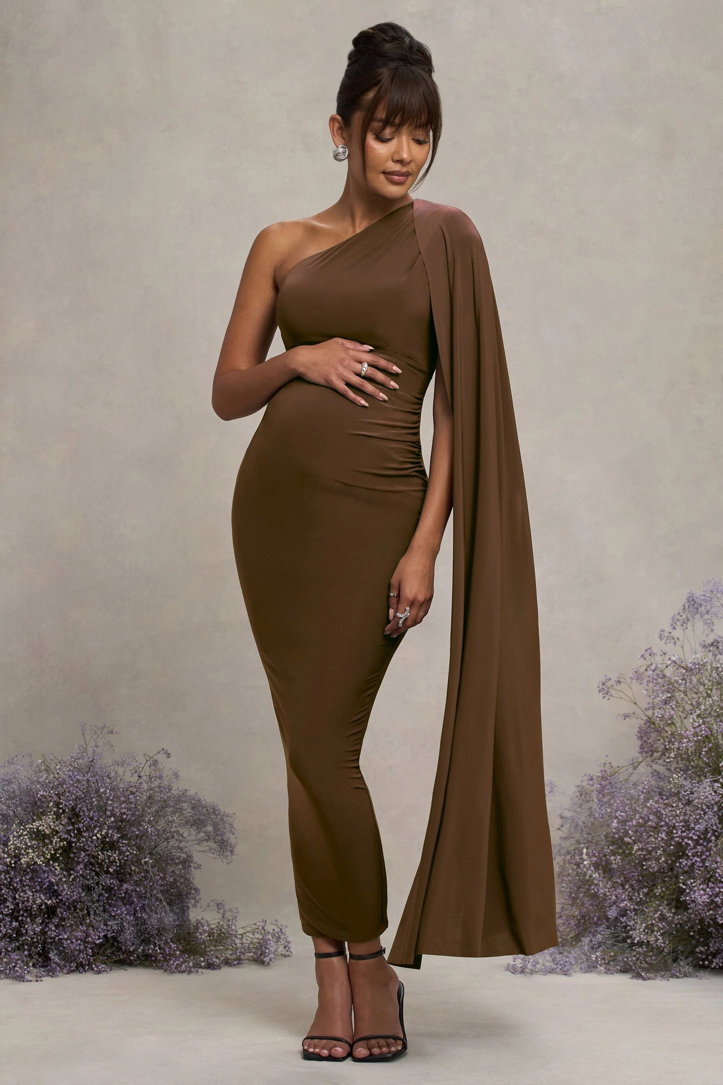 Amaryllis | Chocolate Maternity One Shoulder Maxi Dress with Cape Sleeve