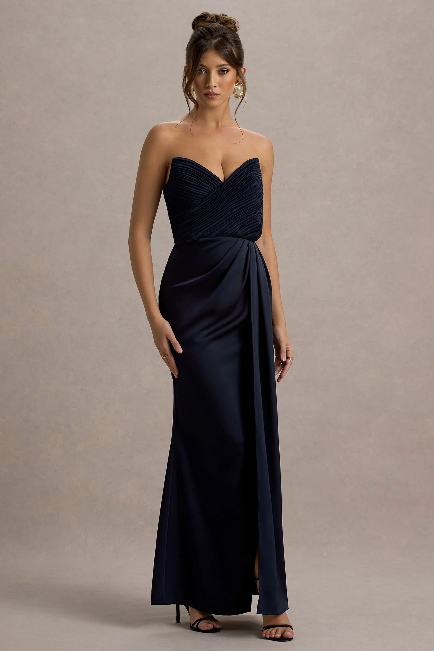 Edel | Navy Satin Strapless Maxi Dress With Drape