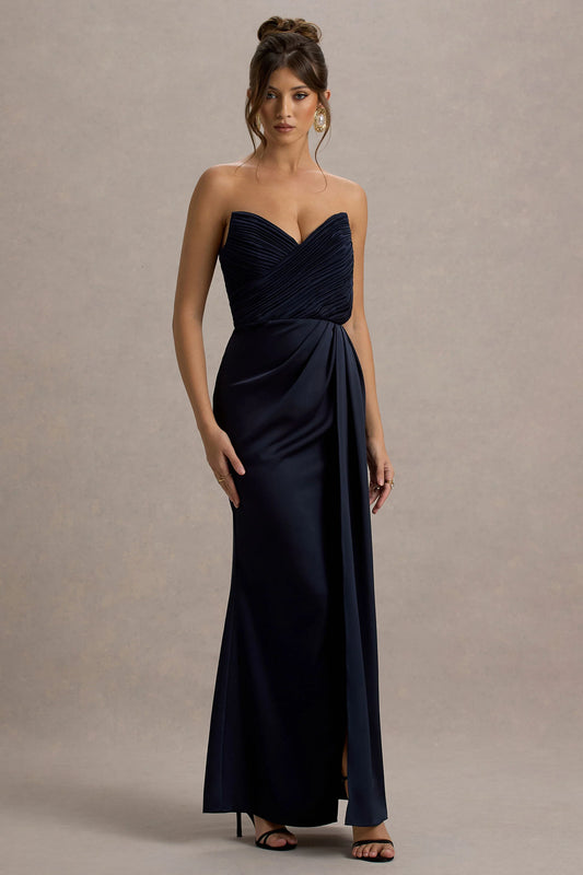 Edel | Navy Satin Strapless Maxi Dress With Drape