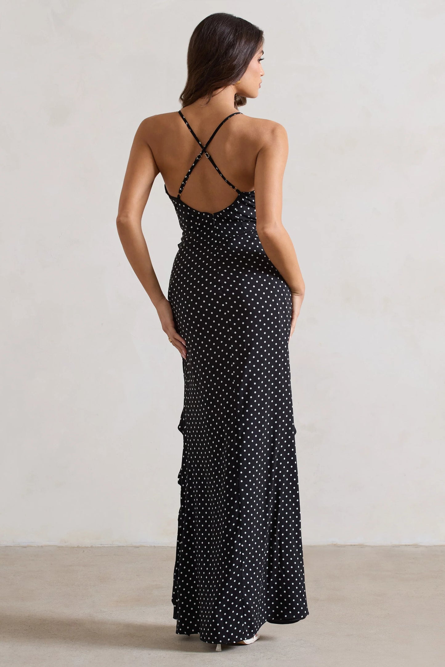 Annabelle | Black Polka Dot Ruffled Maxi Dress With Corsage