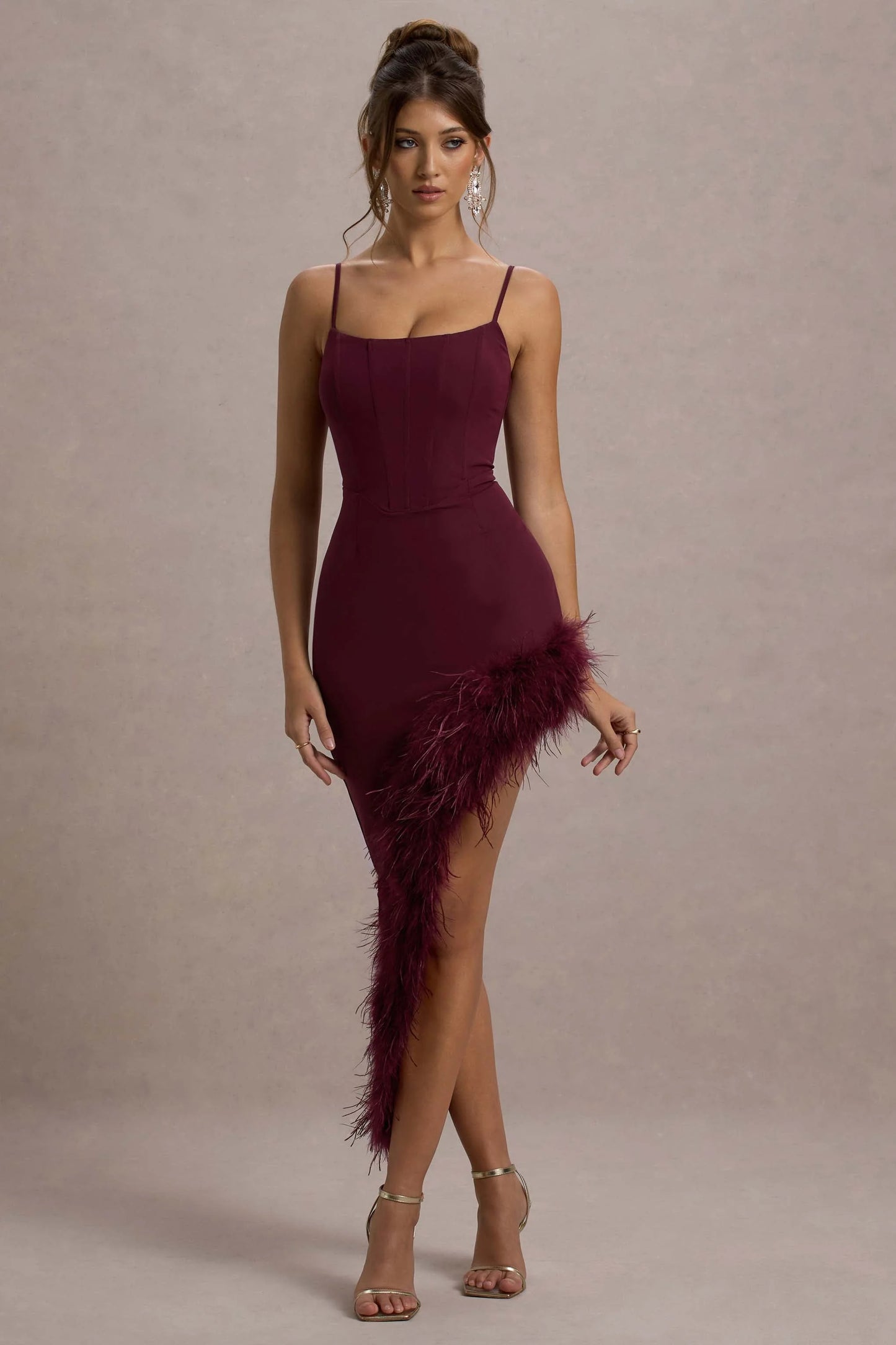 High Status | Burgundy Strappy Corset Asymmetric Maxi Dress With Feather Trim