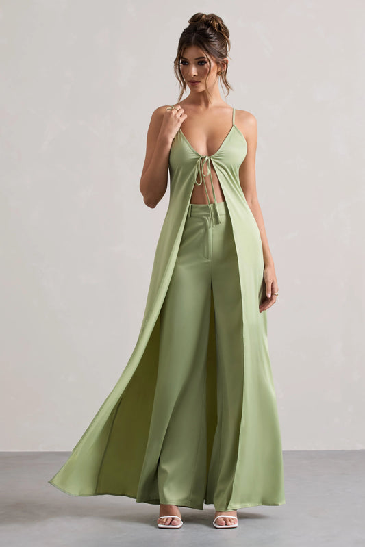 Calvi | Pale Green Satin Longline Cami Top With Split Front