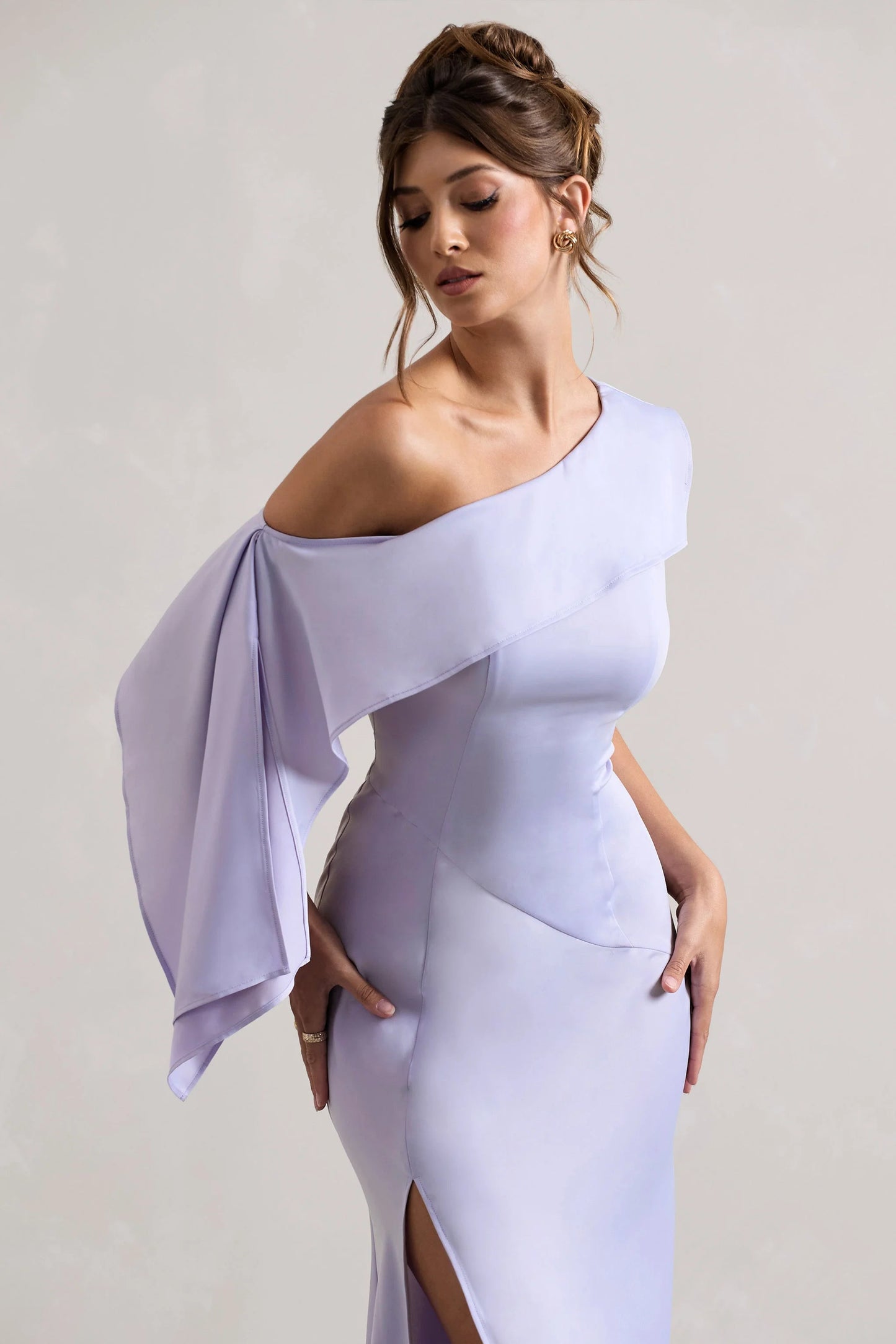 Freesia | Lilac Satin Asymmetric Draped Split Maxi Dress