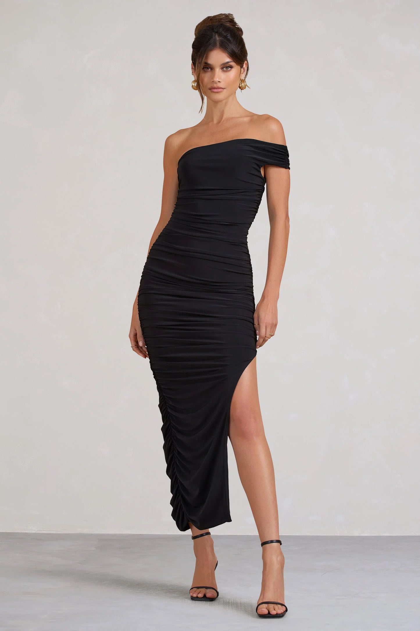 Celine | Black Asymmetric One Shoulder Ruched Maxi Dress With Curved Cut Out