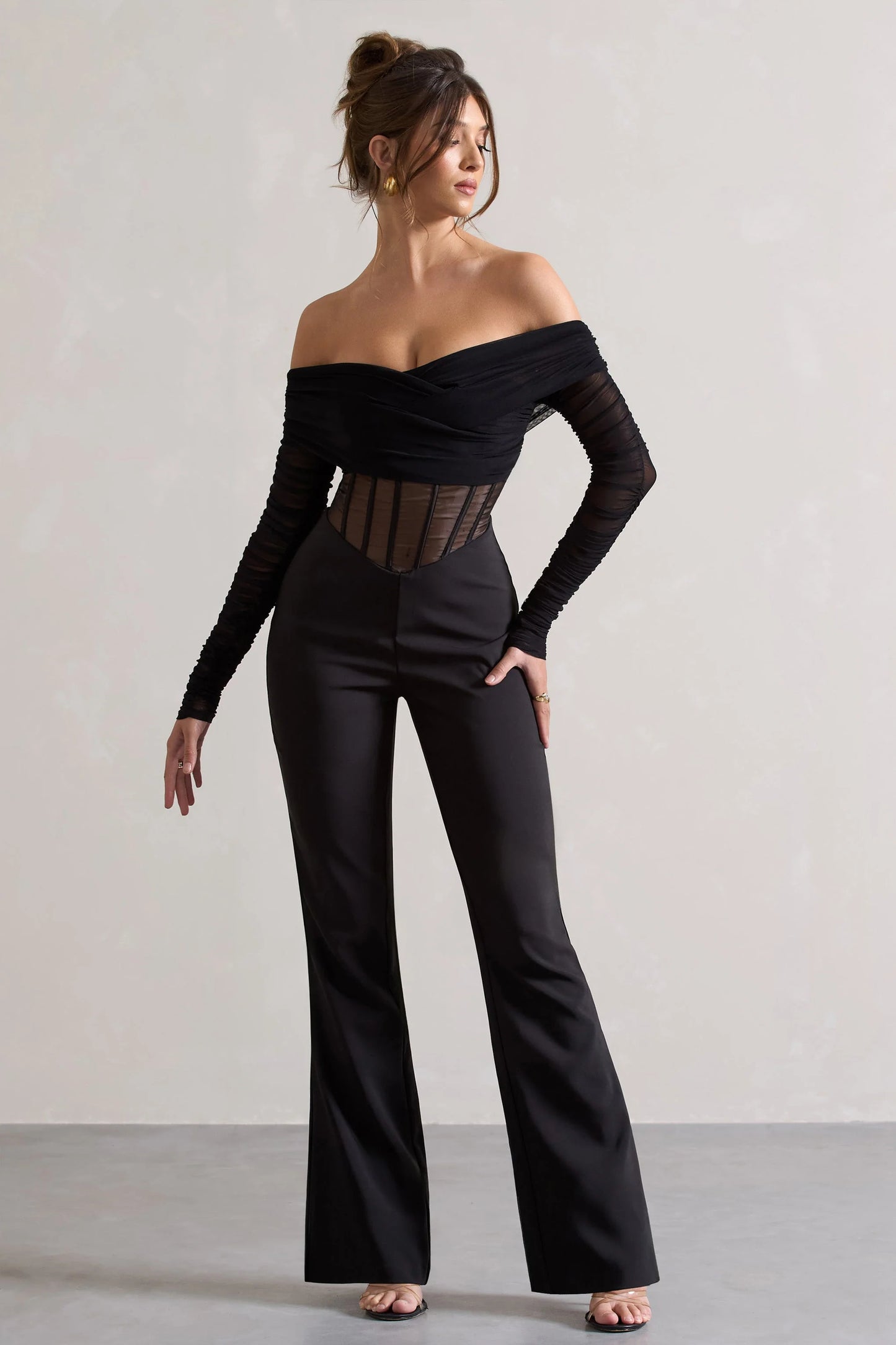 Into The Night | Black Sheer Bardot Long-Sleeved Corset Jumpsuit