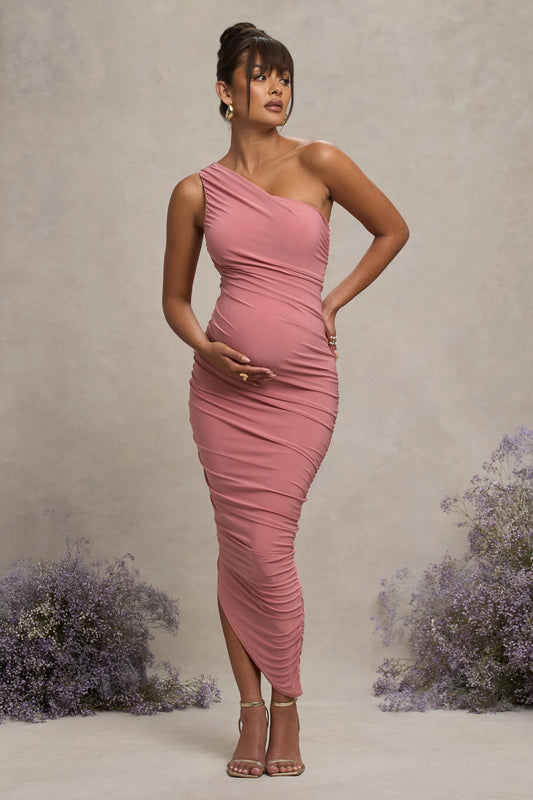 Late Night | Blush Pink Maternity Ruched One Shoulder Midi Dress