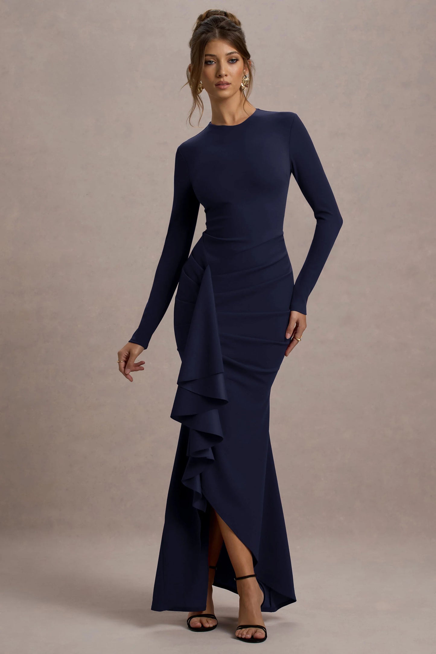 Alayna | Navy Long-Sleeve Maxi Dress With Ruffled Split