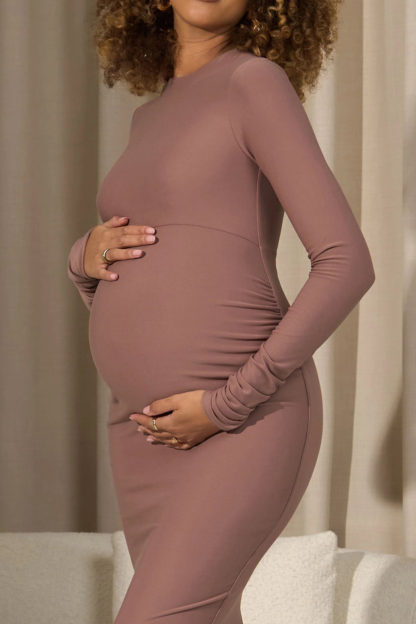 Dove | Warm Taupe Bodycon Long-Sleeve Maternity Maxi Dress