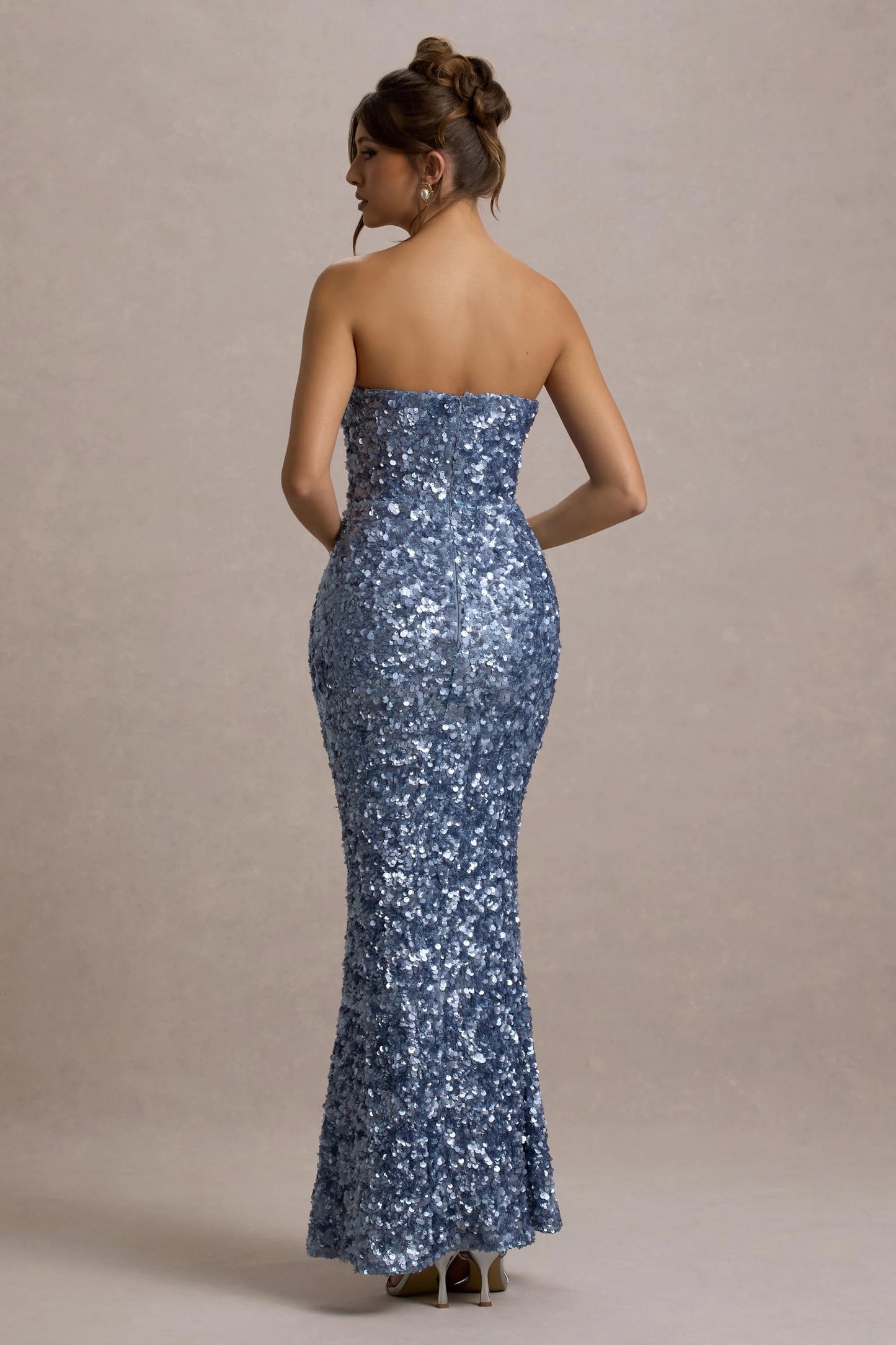 Evabeth | Powder Blue Sequin Strapless Maxi Dress