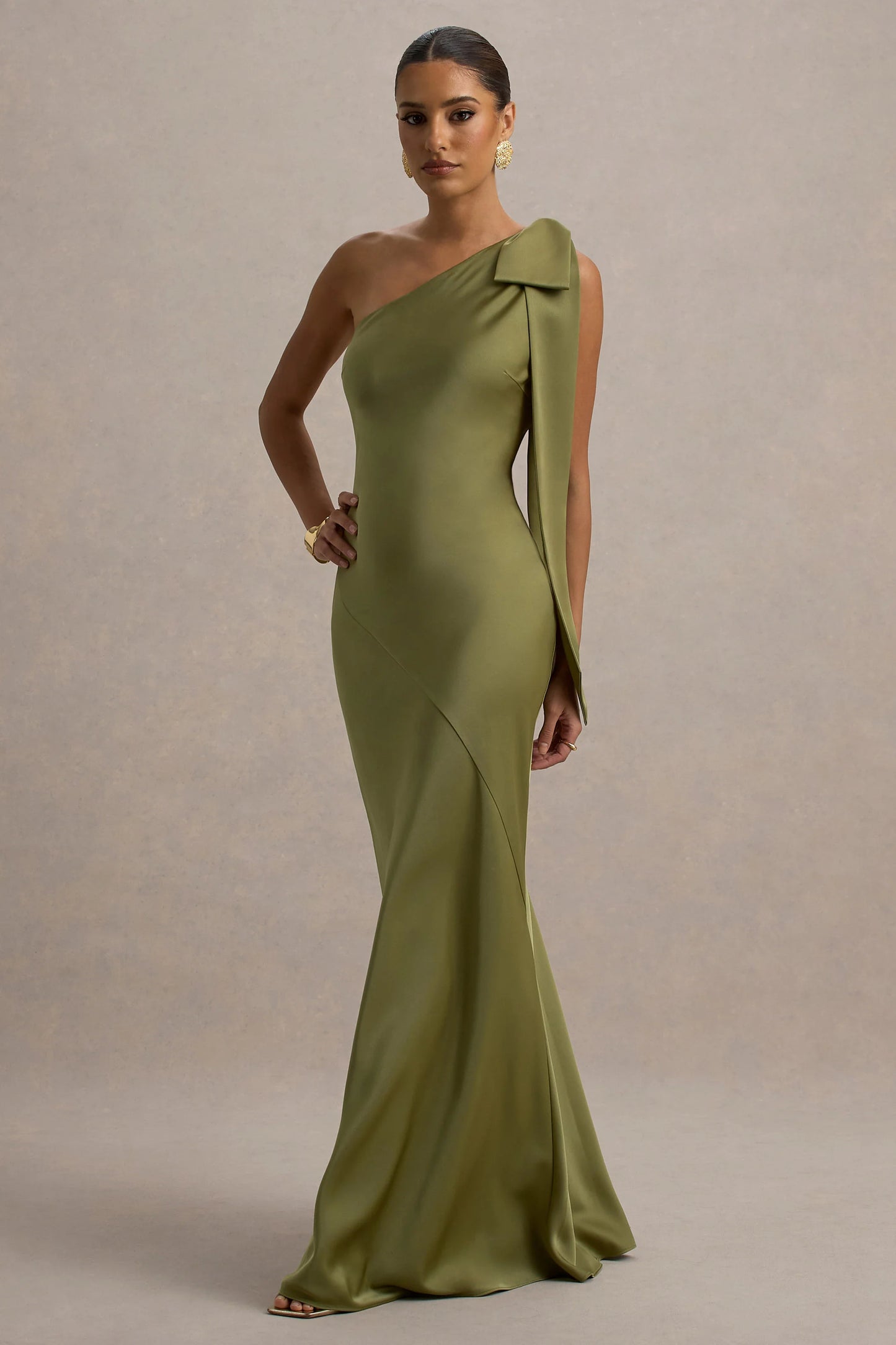 Here For Love | Khaki Satin Asymmetric Maxi Dress With Bow