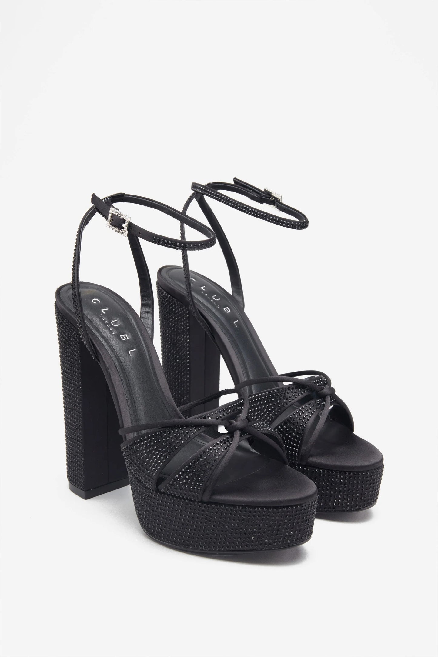 Crystal Cut | Black Strappy Heeled Platform Sandals With Diamante Buckles