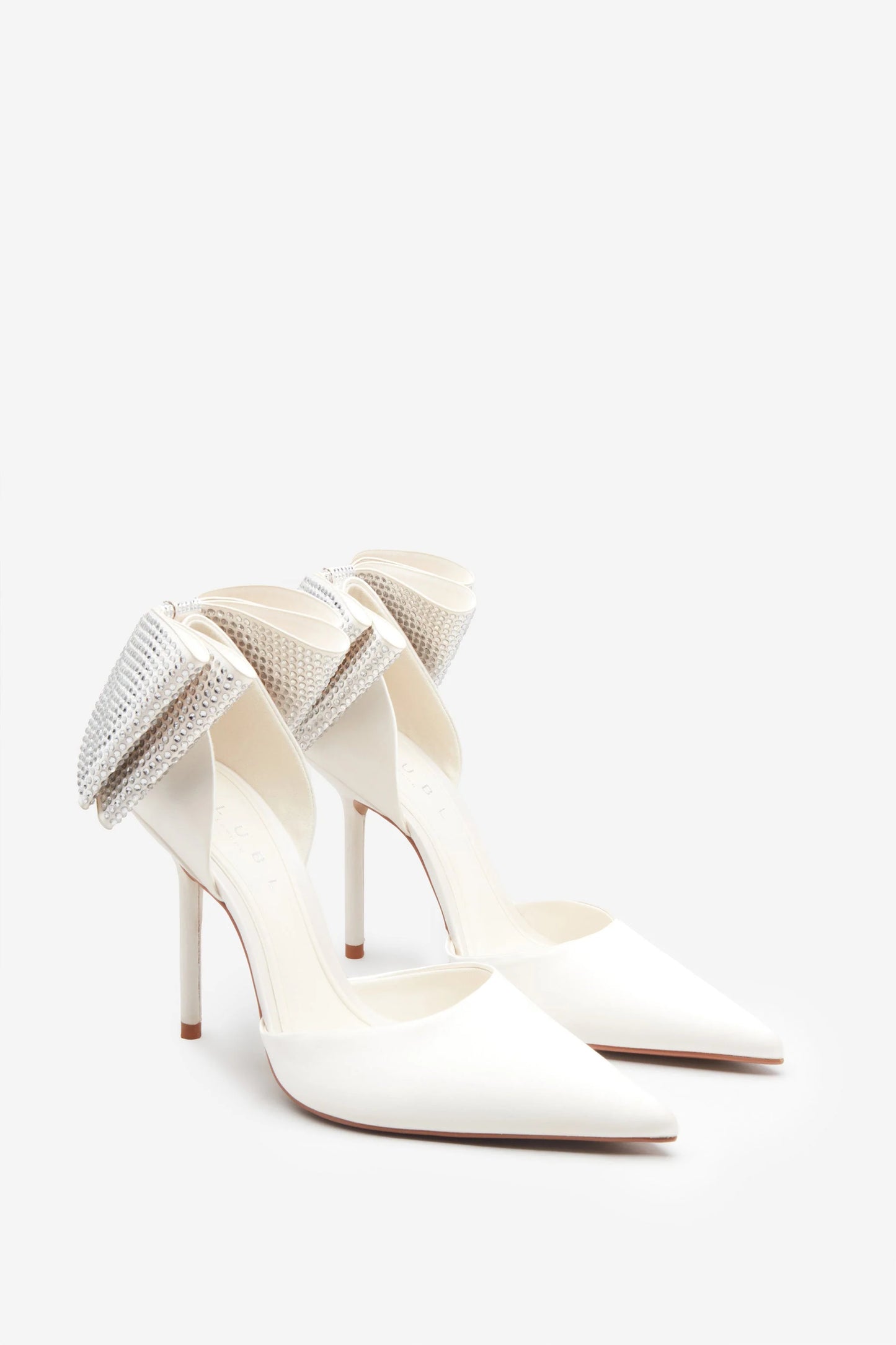 Flashing Lights | Ivory Satin Pointed Court Heels With Diamante Bows