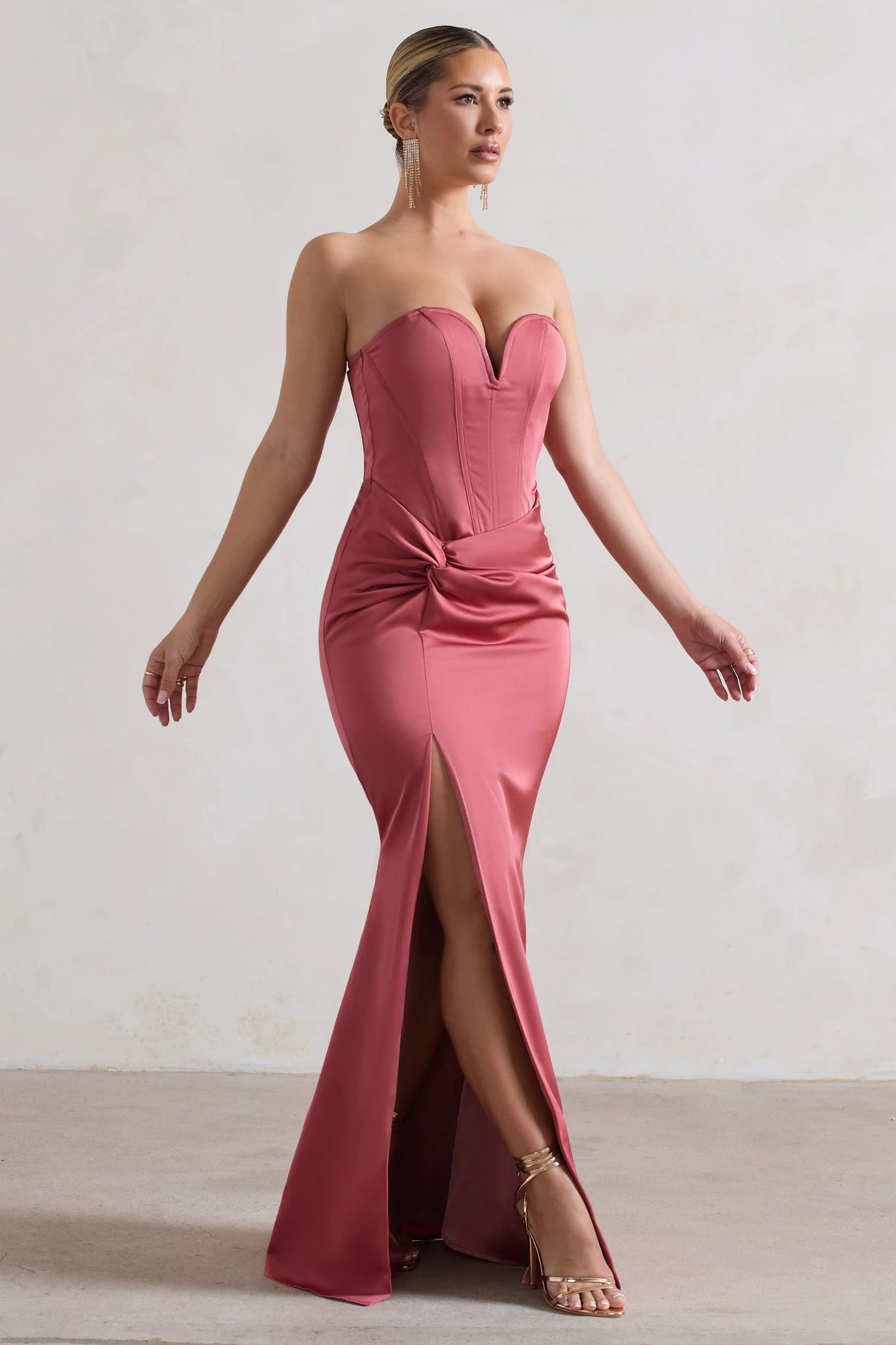 Ardelle | Rose Pink Satin Corseted Wrap Maxi Dress