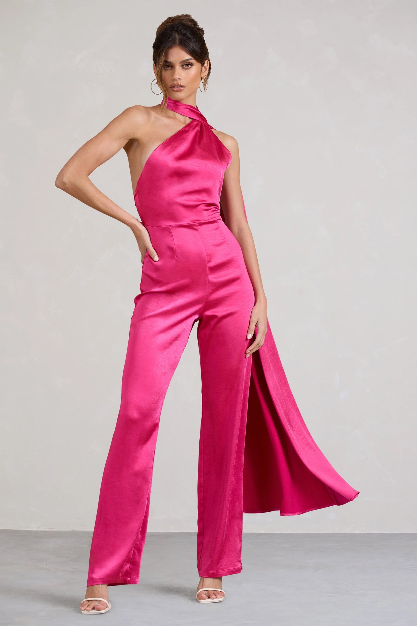 Cascada | Hot Pink Satin Wide Leg Jumpsuit With Statement Scarf Neck