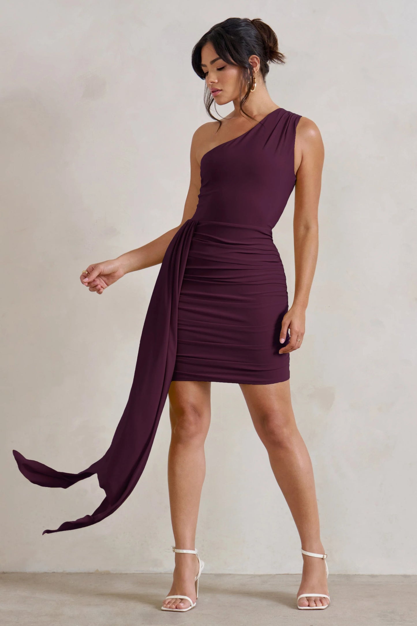 Charlie | Plum One Shoulder Ruched Mini Dress With Statement Drape